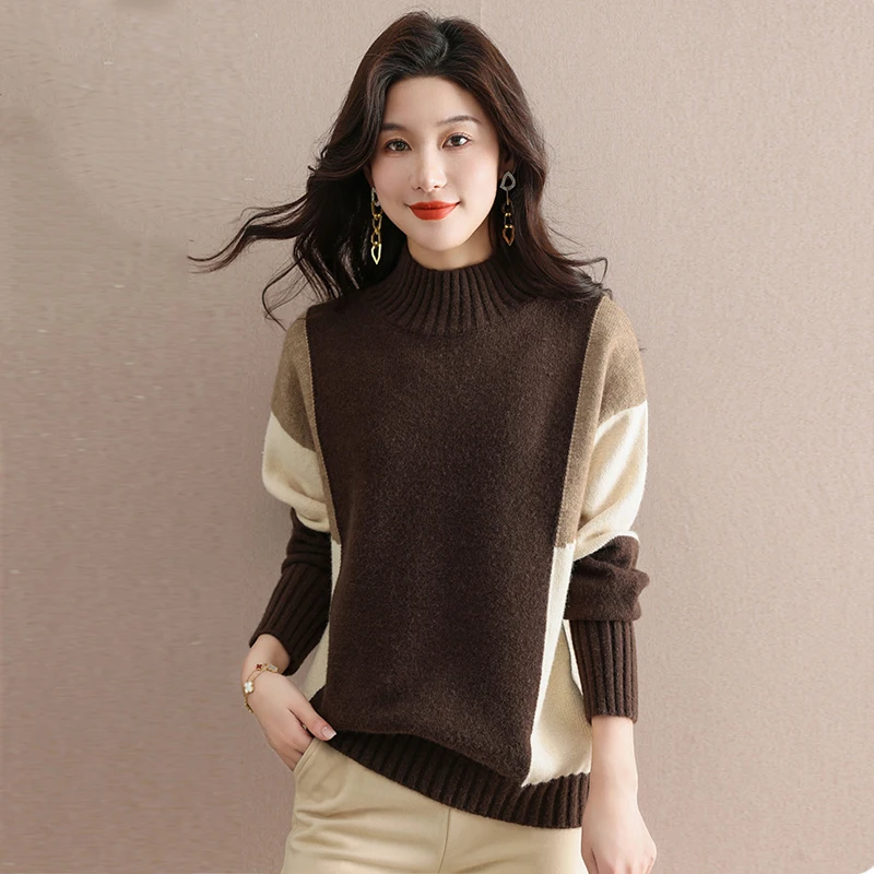 

Slim Pullover Sweater For Women Half High Collar Patchwork Knit Bottom Female Long Shirts New Fashion Autumn and Winter Clothes