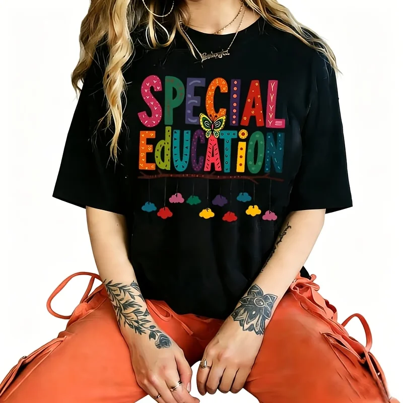 ‘Special Education’ Graphic Vibrant Rainbow Print Women's T-Shirt 100% Cotton Funny Graphic Short Sleeve Tee Novelty Shirt Casual Crew Neck Top S-5Xl
