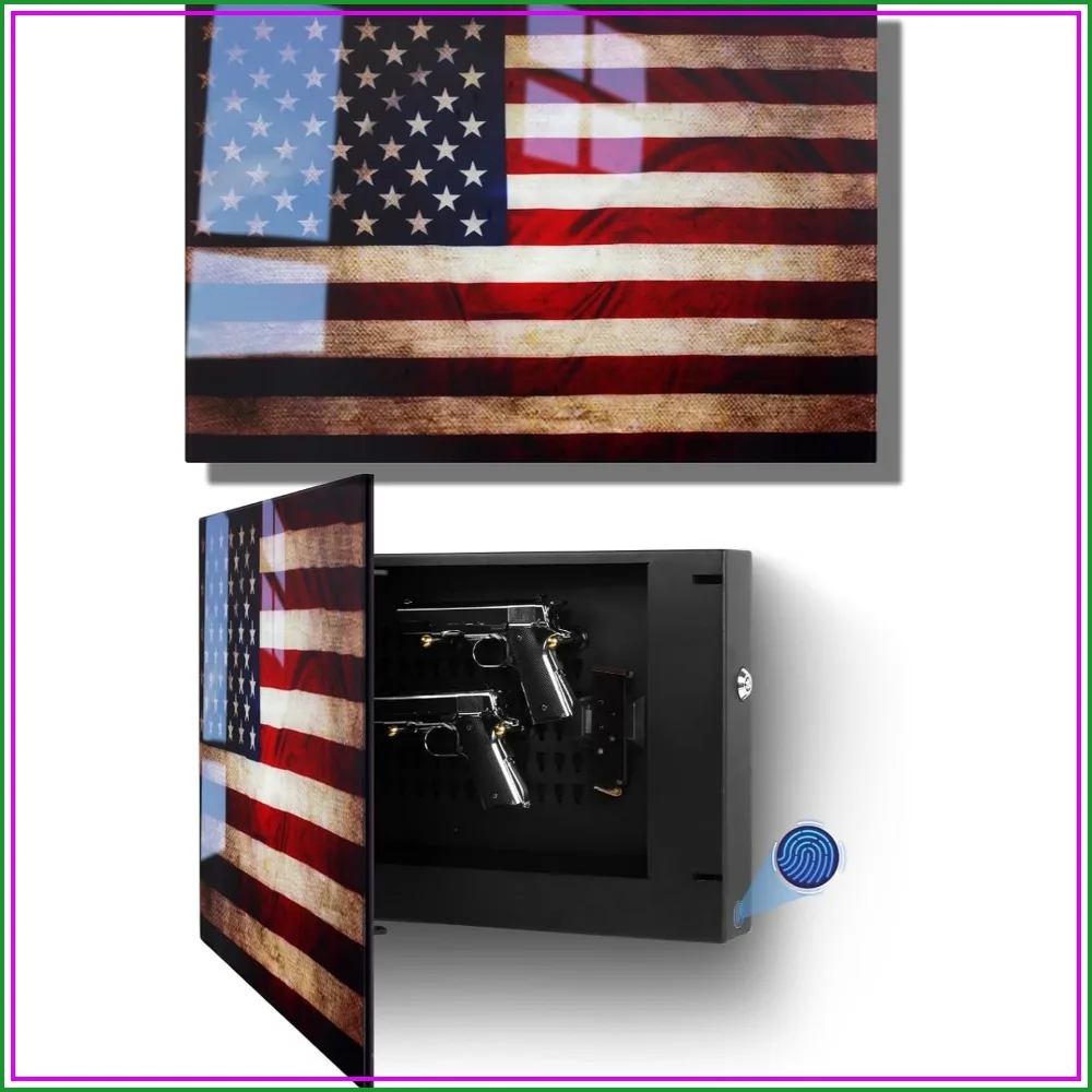 

Biometric Hidden Gun Safe for 2 Pistols, Quick Access Wall Mount with Fingerprint & Key, Movable Bracket, 18.8 Inch