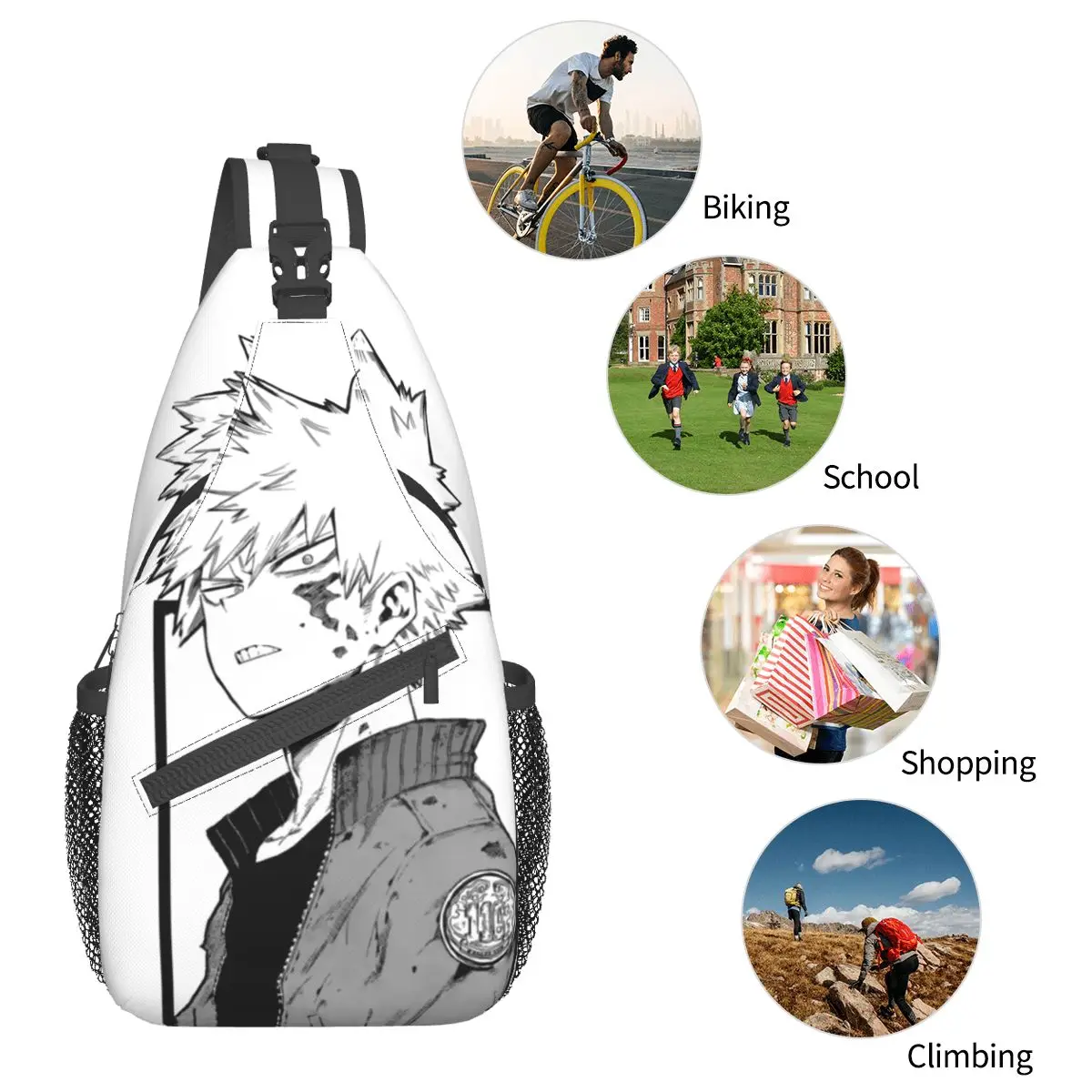 Katsuki Bakugo My Hero Academia tas selempang kecil tas dada bahu ransel Hiking luar ruangan Daypack Manga Anime Pria Wanita