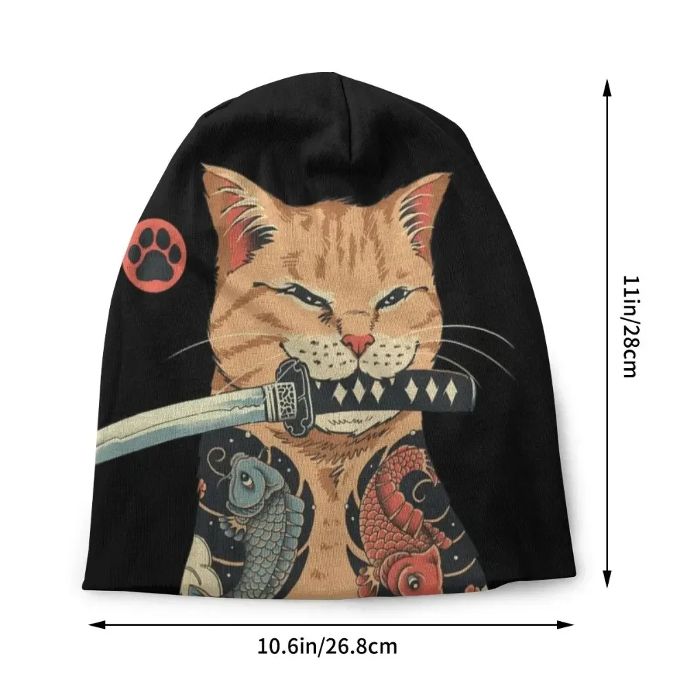 Streetwear Knitted Hats Adult Unisex Catana Mouth Face Mask Retro Japanese Cat Samurai Skullies Beanies Caps Bonnet Hats