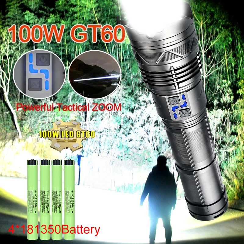 KDULIT High Power 100W LED Flashlight Super Bright Long Range Zoom Tactical Torch USB Charging Emergency Spotlight Power Display