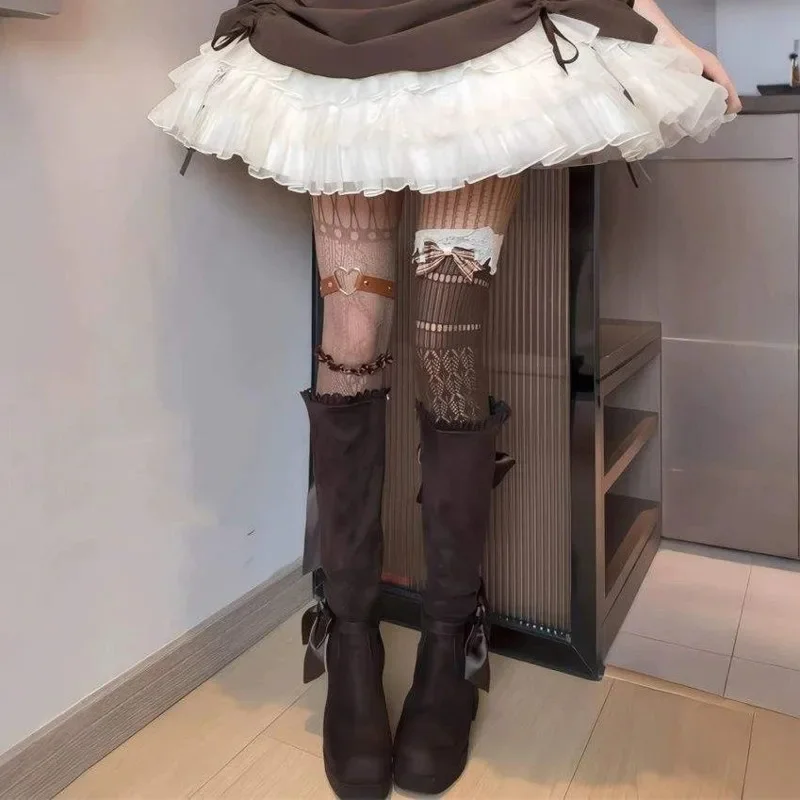 Women Gothic Punk Shoes Dark Brown Suede Knee High Boots Y2K Platform Thick Heel Lace Up Ruffle Shoes Fashion Winter Shoes New