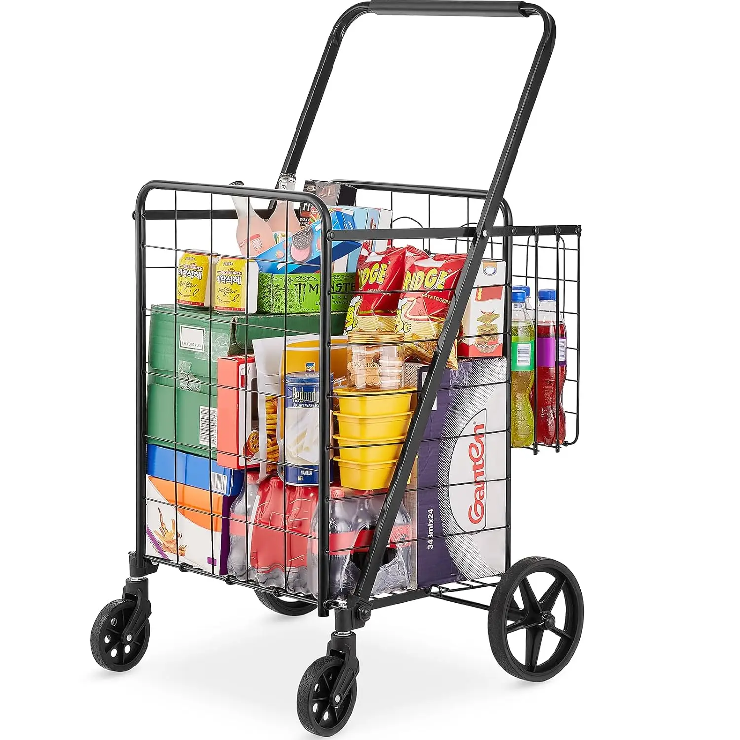 Folding Shopping Cart, Jumbo Grocery Cart with Double Baskets, 360° Swivel Wheels, Heavy Duty Utility Cart