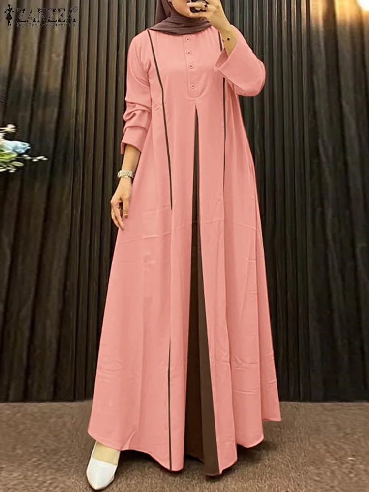

ZANZEA O-Neck Long Sleeve Abaya Dresses Women Contrast-Color Inverted Pleat Islamic Eid Dress Casual Loose Muslim Long Robes