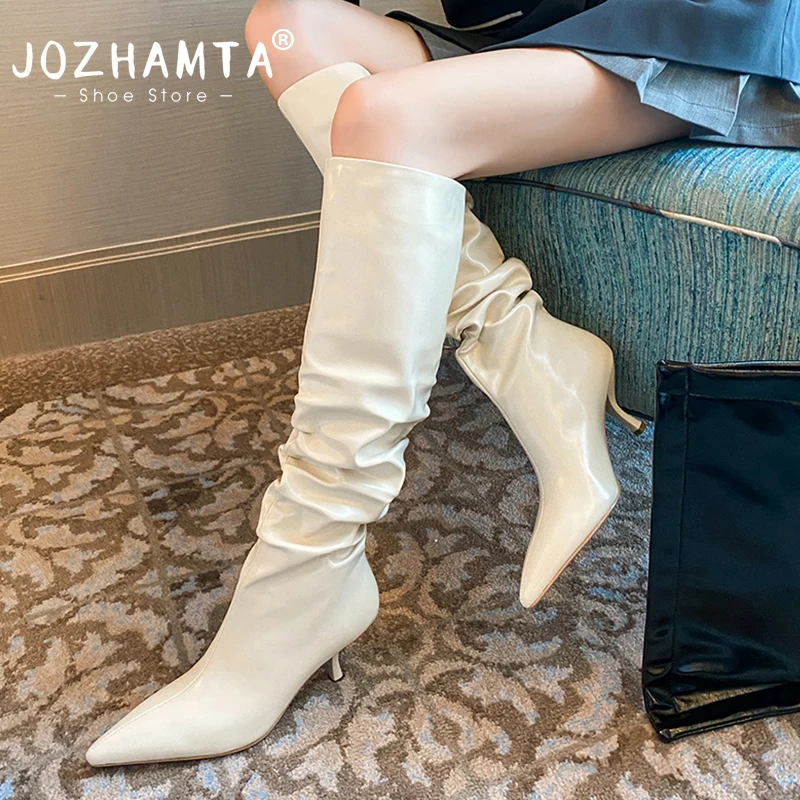 

JOZHAMTA Size 33-42 Women Knee Boots Real Leather Sexy Pointed Toe Thin High Heels Shoes Woman Winter 2023 Thigh High Boots