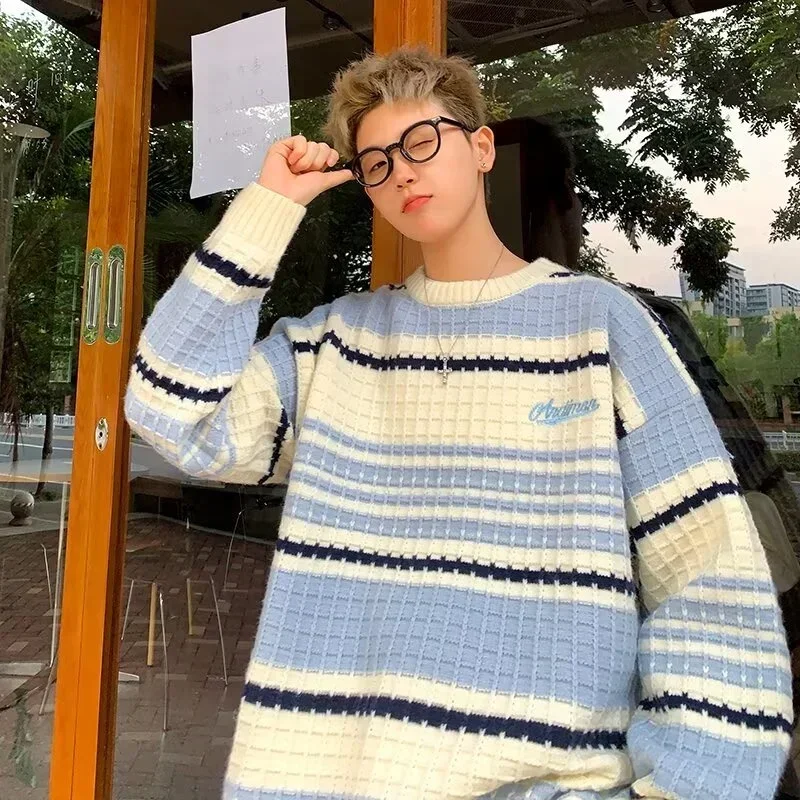 

Winter Y2K Vintage Striped Sweater For Men Letter Embroidered O-Neck Knitwear 2025 New Korean Fashion Knitted Pullovers Female
