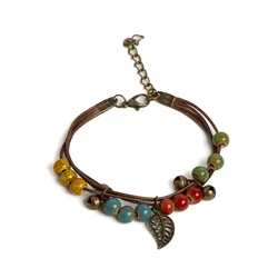 Adjustable Colorful Ceramic Beaded Bracelet Handmade Wax Cord with Leaf Pendant Vintage Jewelry gifts regalo