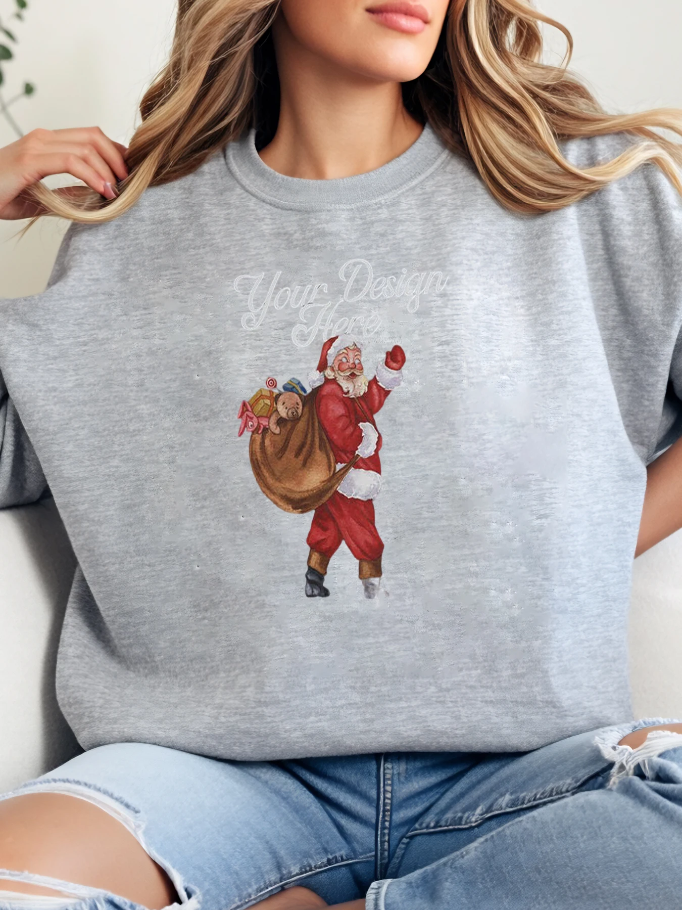 سانتا كلوز مع حقيبة هدايا مطبوعة لعطلة عيد الميلاد، سويت شيرت برقبة دائرية للنساء، ملابس كاجوال بمقاس كبير