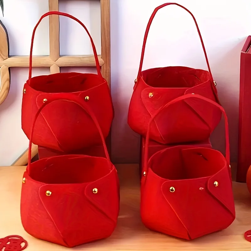 

4pcs Red Felt Housewarming Baskets Multi-Functional Sweets Snacks Storage Baskets Durable Felt Storage Baskets Home accessories