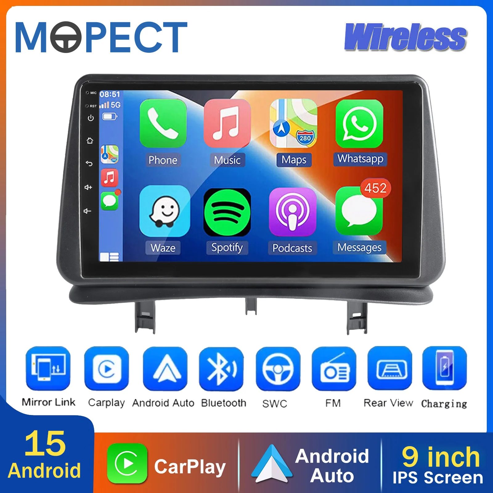 MOPECT Autoradio für Renault Clio 3 2005-2014 Kabelloses CarPlay Android 15 Auto-Multimedia-Player Navigation GPS 2din Autoradio