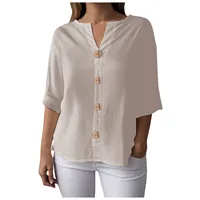 Chemisier en mousseline pour femme, chemisier d'été en coton et lin, chemise longue élégante unie, t-shirt pour adolescentes, chemisiers et blouses à manches 3/4 pour femme 6