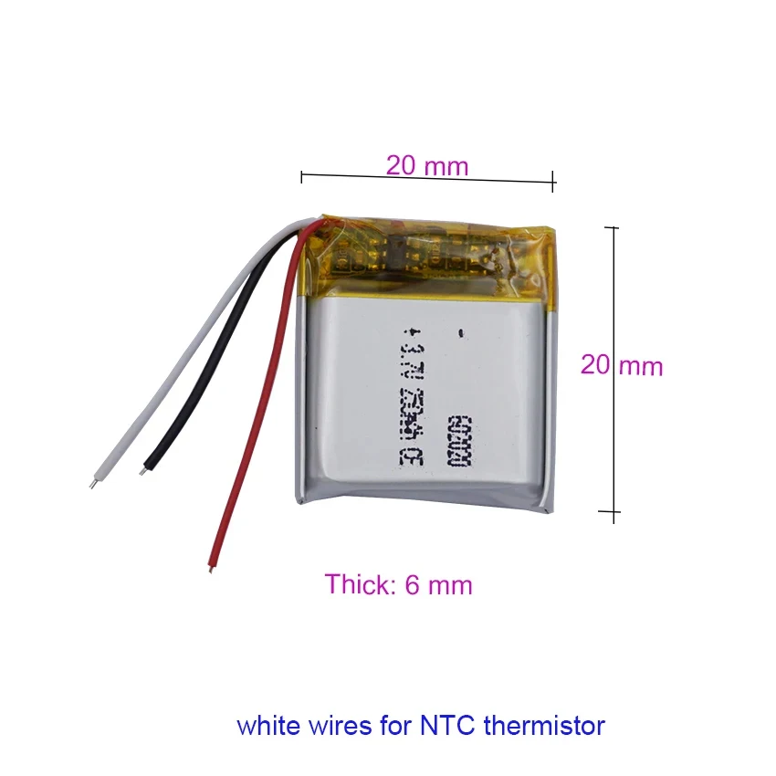 2pcs 3.7v 0.925Wh 250mah Rechargeable Li Lithium Battery 602020 Thermistor 3-Wires NTC For Bluetooth Speaker GPS LED Headphones