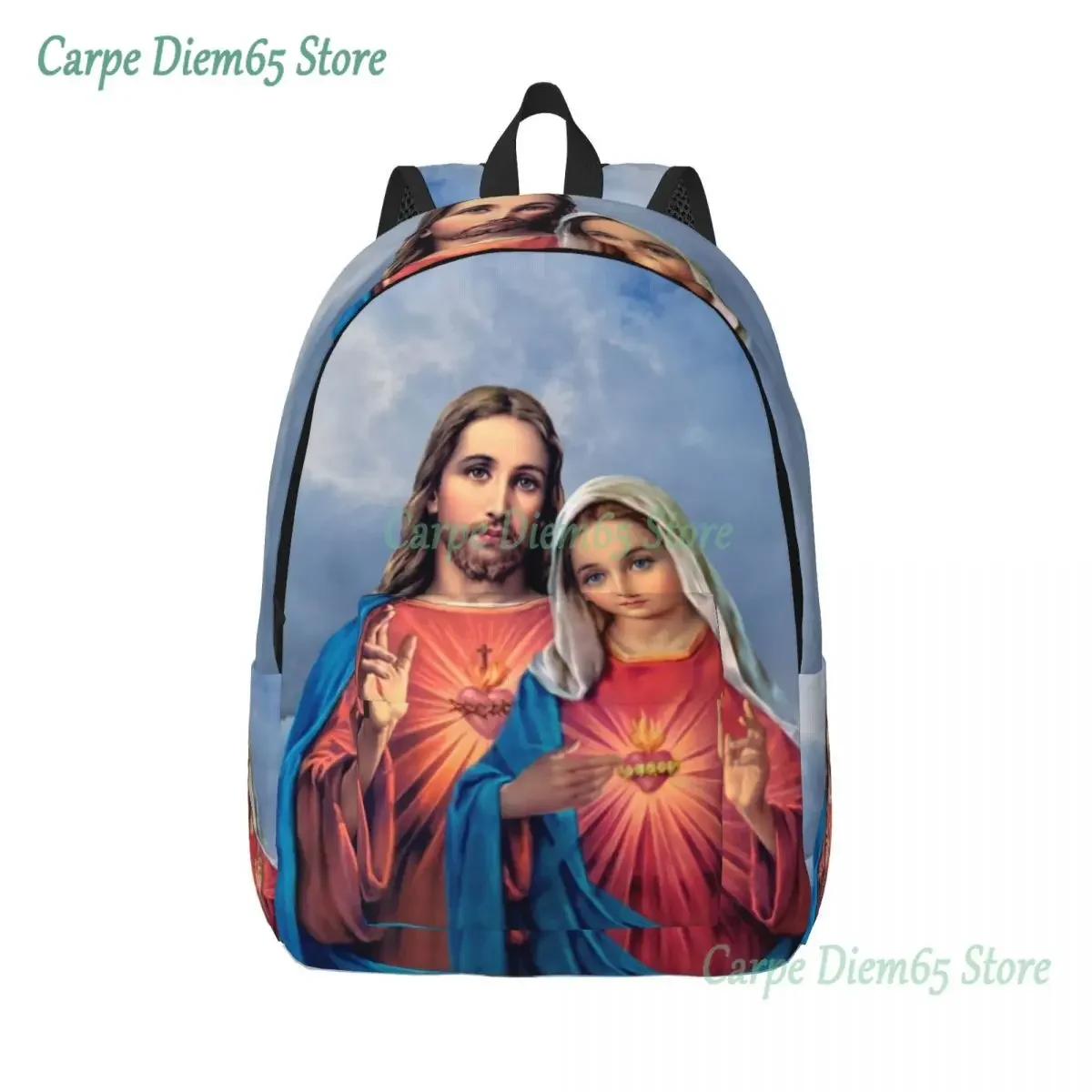 Sacred And Immaculate Hearts Canvas Backpack for Women Men School College Students Bookbag Catholic Jesus and Mary Bags