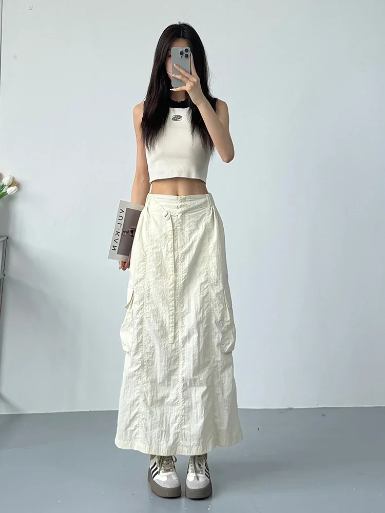 

Apricot Casual Long Cargo Skirts Women Stitching Vintage Baggy Streetwear Outfits Split Fashion Low Waist Loose Skirt 2024 New