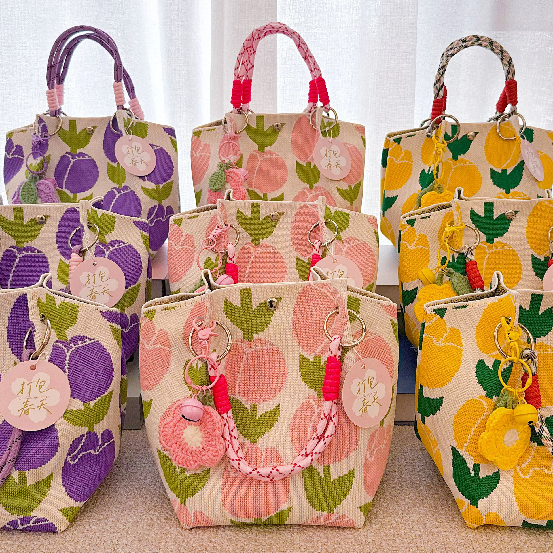 Large Capacity Knitted Tote Bag for Women Commuter Festival Handbag Gift Packaging Floral Pattern Square Shape Double Handle