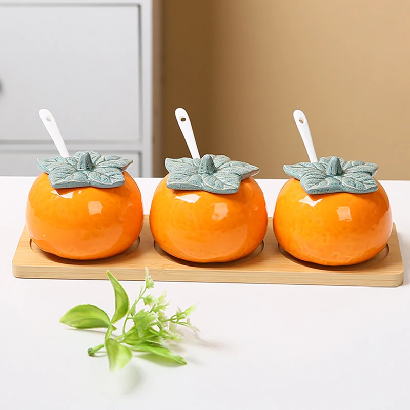 Tarro de cerámica para condimentos de naranja, salero cerativo de 230ml para el hogar con tapa, cuchara, vajilla de cocina de alta estética exquisita