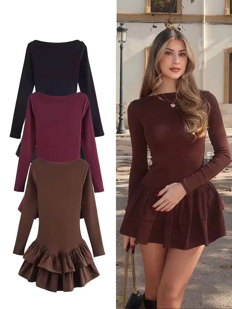 HH 2025 feminino elegante magro mini vestidos mangas compridas sólido barco pescoço com babados camadas primavera moda festa chique vestido