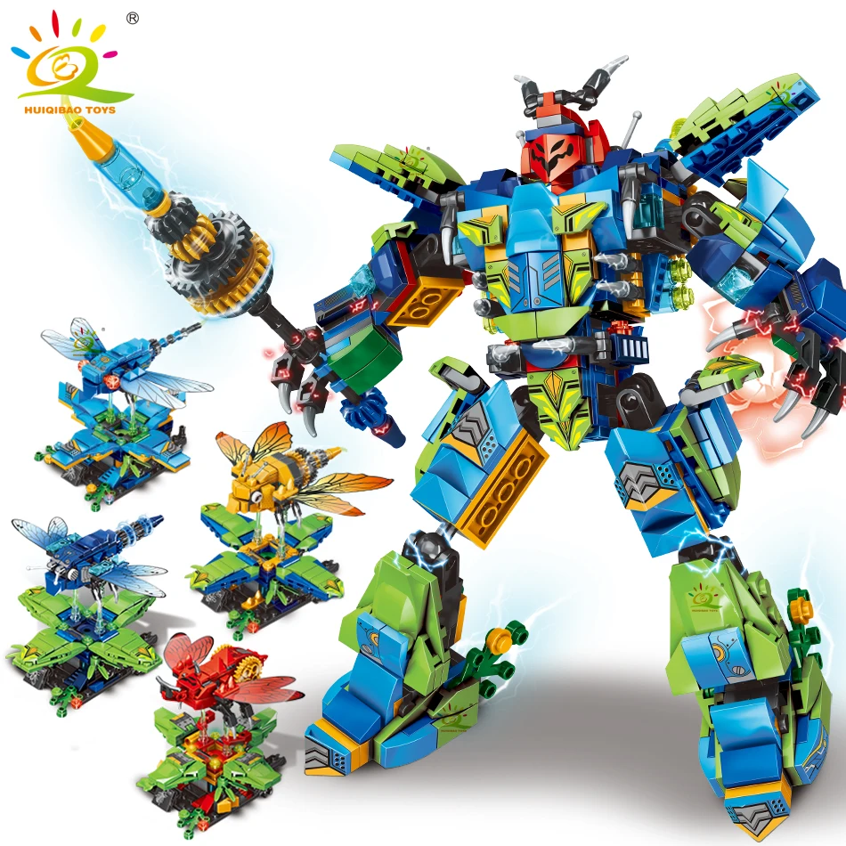 HUIQIBAO Creative City Weapon Insect Robot Man Model Building Blocks Mecha Car Bricks Set Children DIY STEM Toys Game for Boys