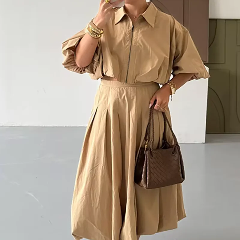 Setelan Kemeja Kerah Ritsleting & Rok Panjang Kasual Lengan Setengah Polos 2 Potong Pakaian Wanita Elegan Rok A-Line Pinggang Tinggi