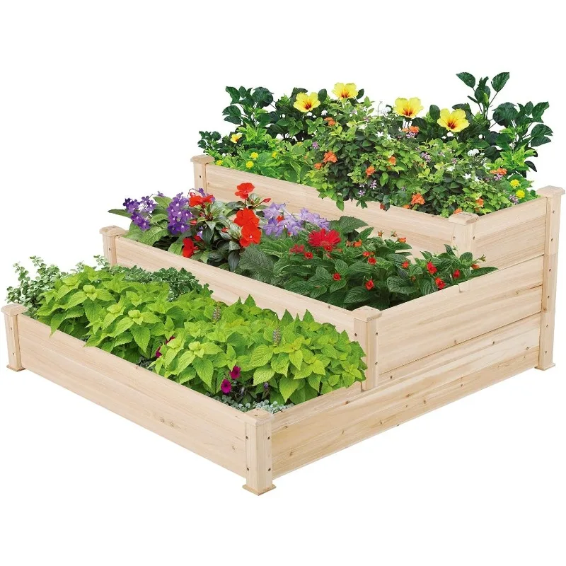 

3 Tier 47 x 47 x 22in Raised Garden Bed Horticulture Outdoor Elevated Flower Box Tiered Garden Bed Wooden Vegetables Growing