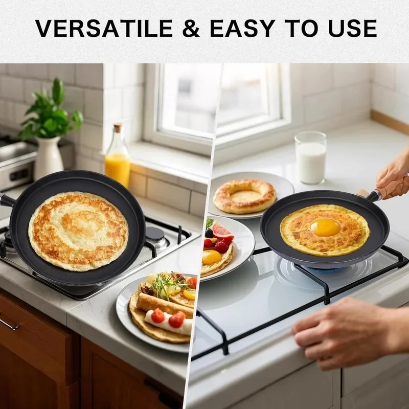 Heavy-Duty Cast Iron Frying Pan Compatible with Gas and Induction Stoves, Perfect for Cooking Pancakes, Eggs, Steaks, and Crepes