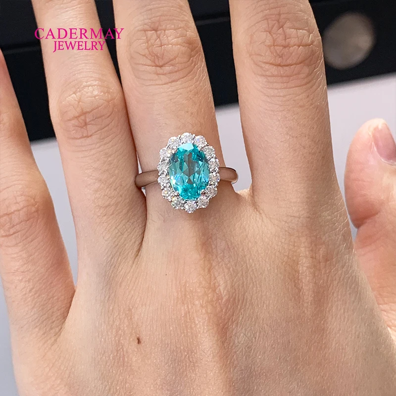 Classic Flower 7x10mm Oval Shape Blue YAG Lab Paraiba Rings 925 Silver Engagement Halo Moissanite Rings Women Gift Party view 6