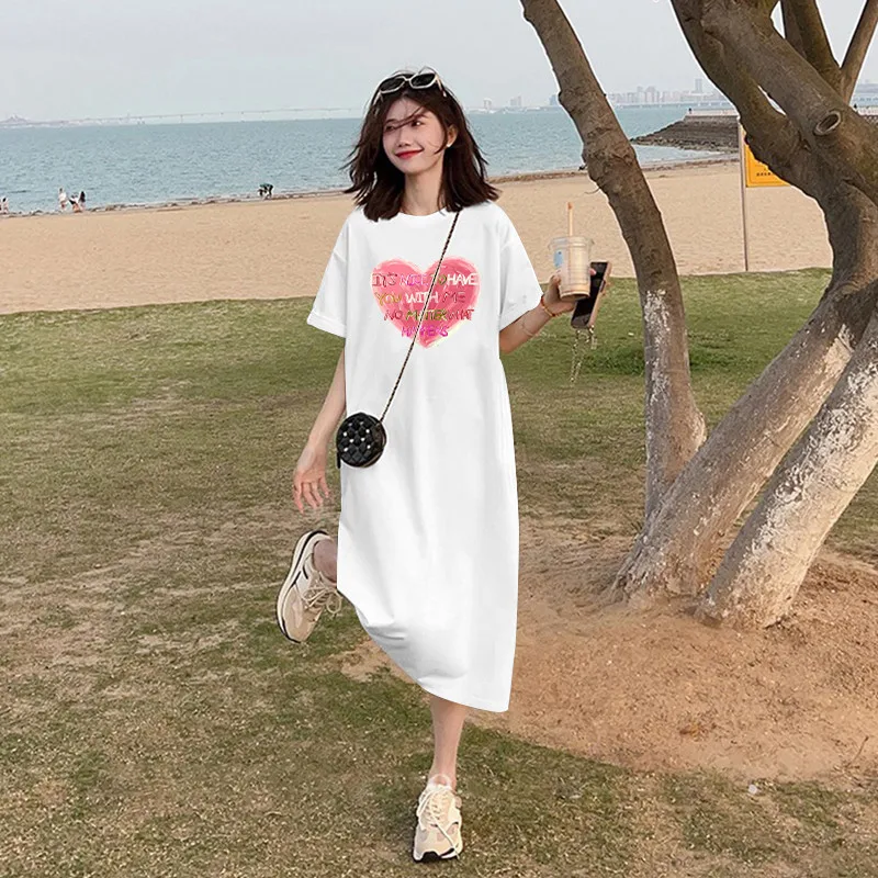 하트 프린트 한국 인스 스윗 스타일 여름 플러스 루즈 반팔 원피스