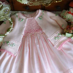 ICJAEHAO 2024 Girls' New Costume Handmade Floral Dress Smocking Children's Retro Foreign Style Princess Kids Spring and Autumn