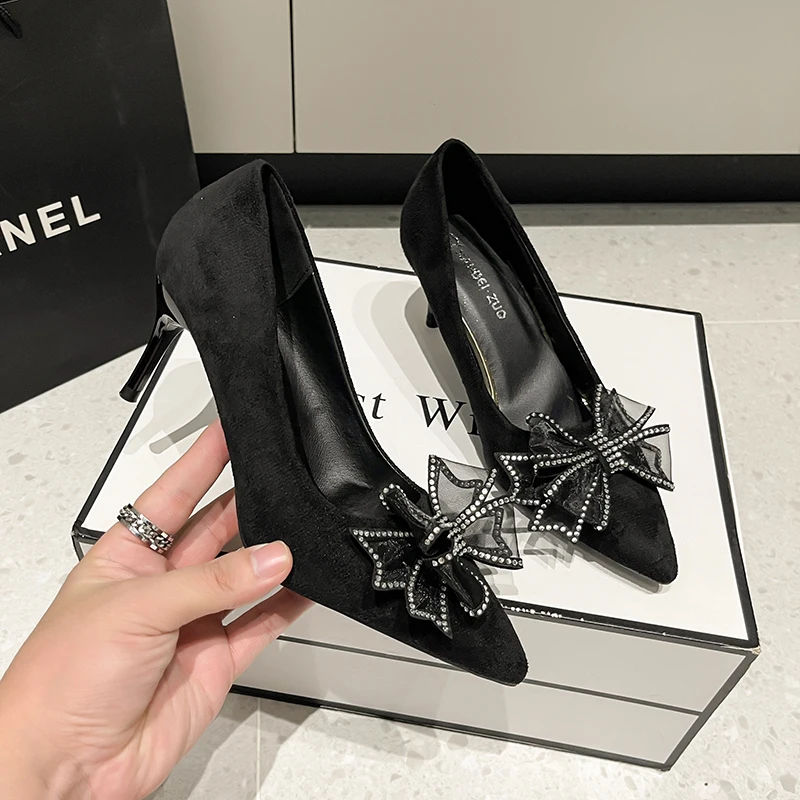 

Women's High Heels Stiletto New Fashion Temperament Bow Rhinestone Pointed Wedding Shoes Bride Designers Shoes Party Shoes