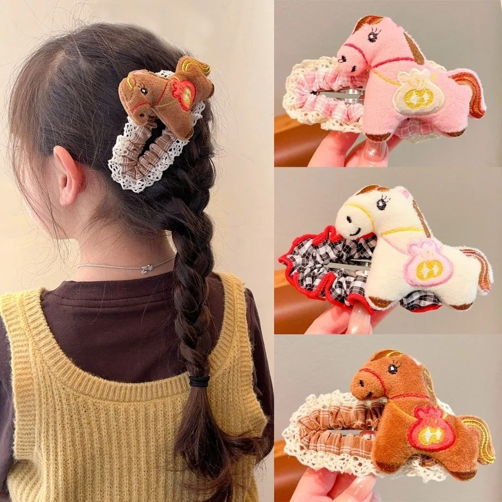 

Headwear Cloth Horse Hairpins Grid Barrettes Cartoon Hair Clip Y2K Chinese Zodiac Plush Edge Clip Girls Hair Accessories