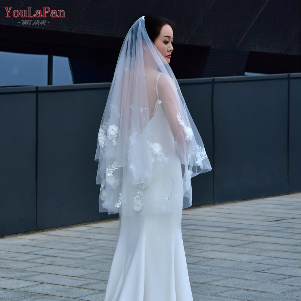 Youlapan V122 velo da sposa con copricapo perla petalo velo da sposa velo da sposa 3D Organza fiori bordi gomito lunghezza velo