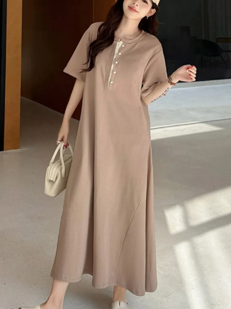 وهمية قطعتين الصيف فضفاض تي شيرت حجم كبير فساتين طويلة رداء Elbise قصيرة الأكمام المرأة الكورية ألف خط السيدات فساتين متوسطة الطول