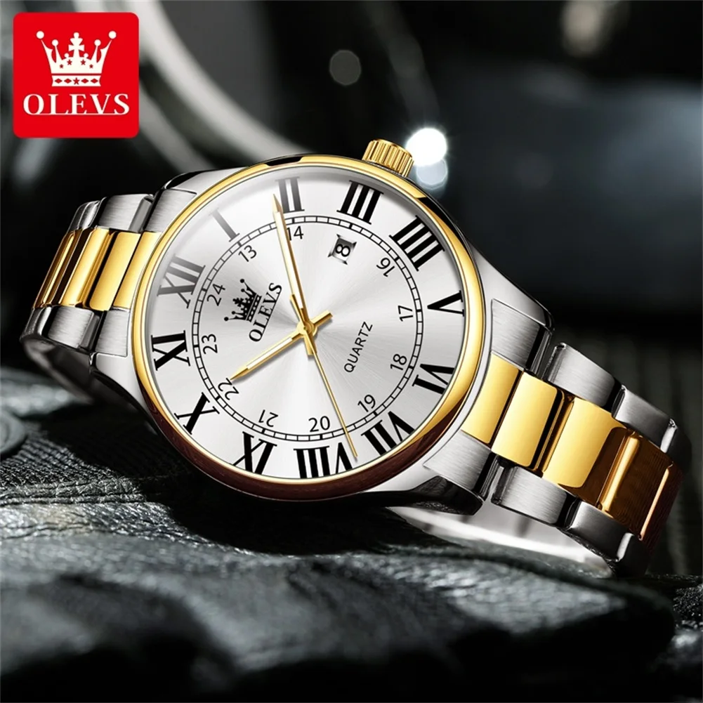 OLEVS New Classic Retro Roman Numerals Dial Quartz Men\'s Wristwatch Stainless Steel Waterproof Auto Date Business Watch for Men