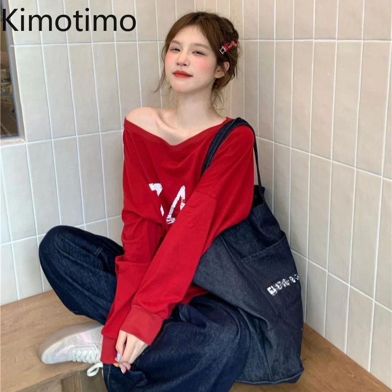 

Kimotimo, красные футболки с открытыми плечами и длинными рукавами с буквенным принтом, женские осенние эстетические свободные топы Y2k, повседневные модные универсальные футболки