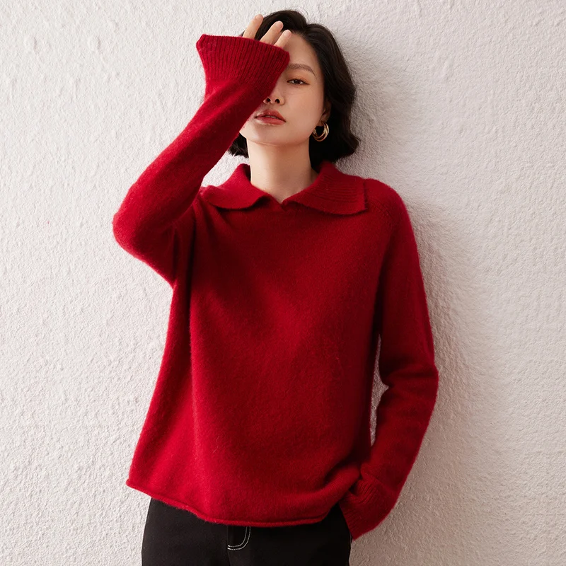 

Women's 100% Cashmere Sweater Polo Collar Loose Knit Comfortable Versatile Pullover Doll Collar Base Shirt