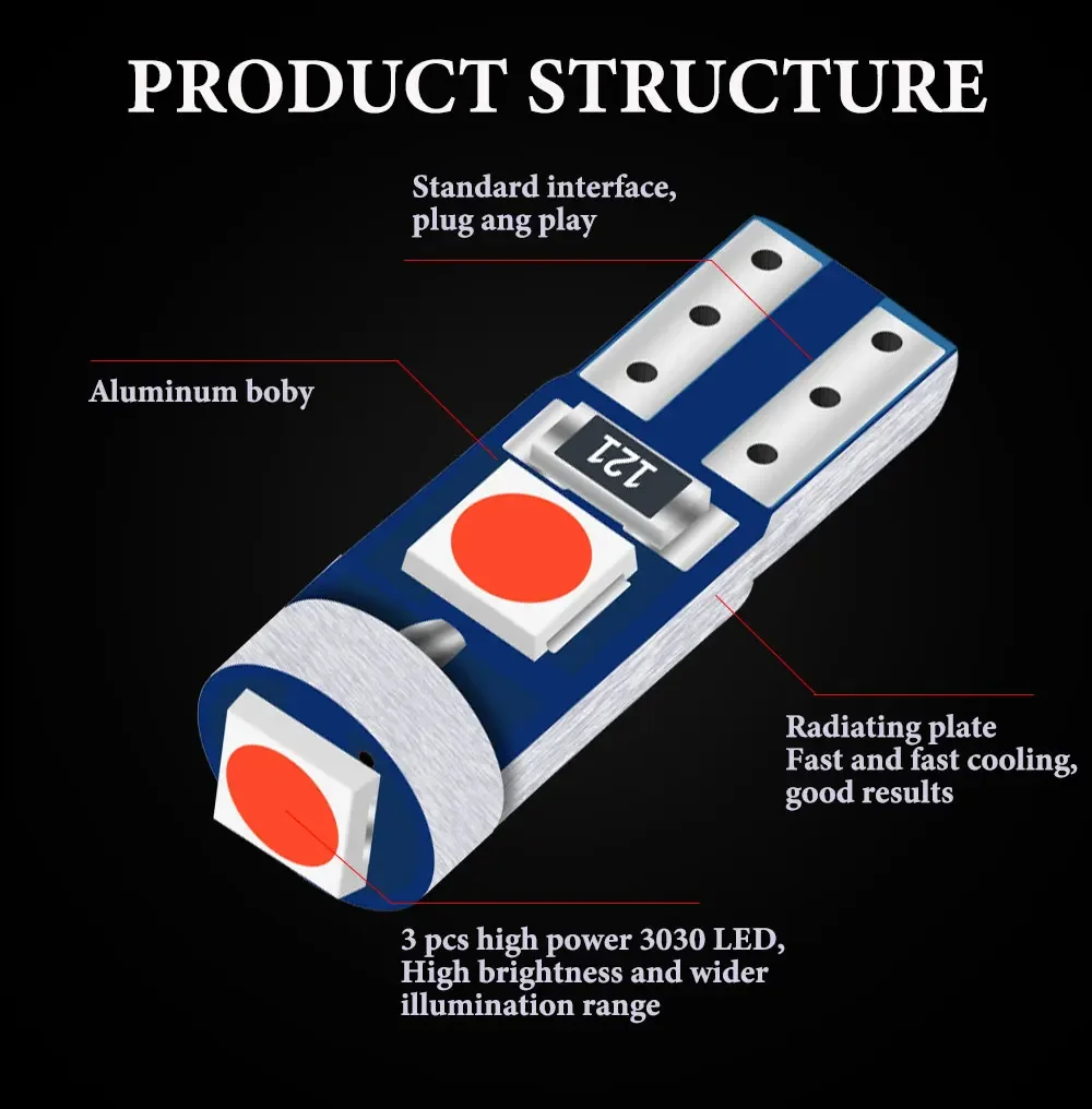 10pcs T5 LED W3W 3SMD 3030 Dashboard Warnng Indicator Wedge Light Instrument Bulbs CANbus Car Interior Light