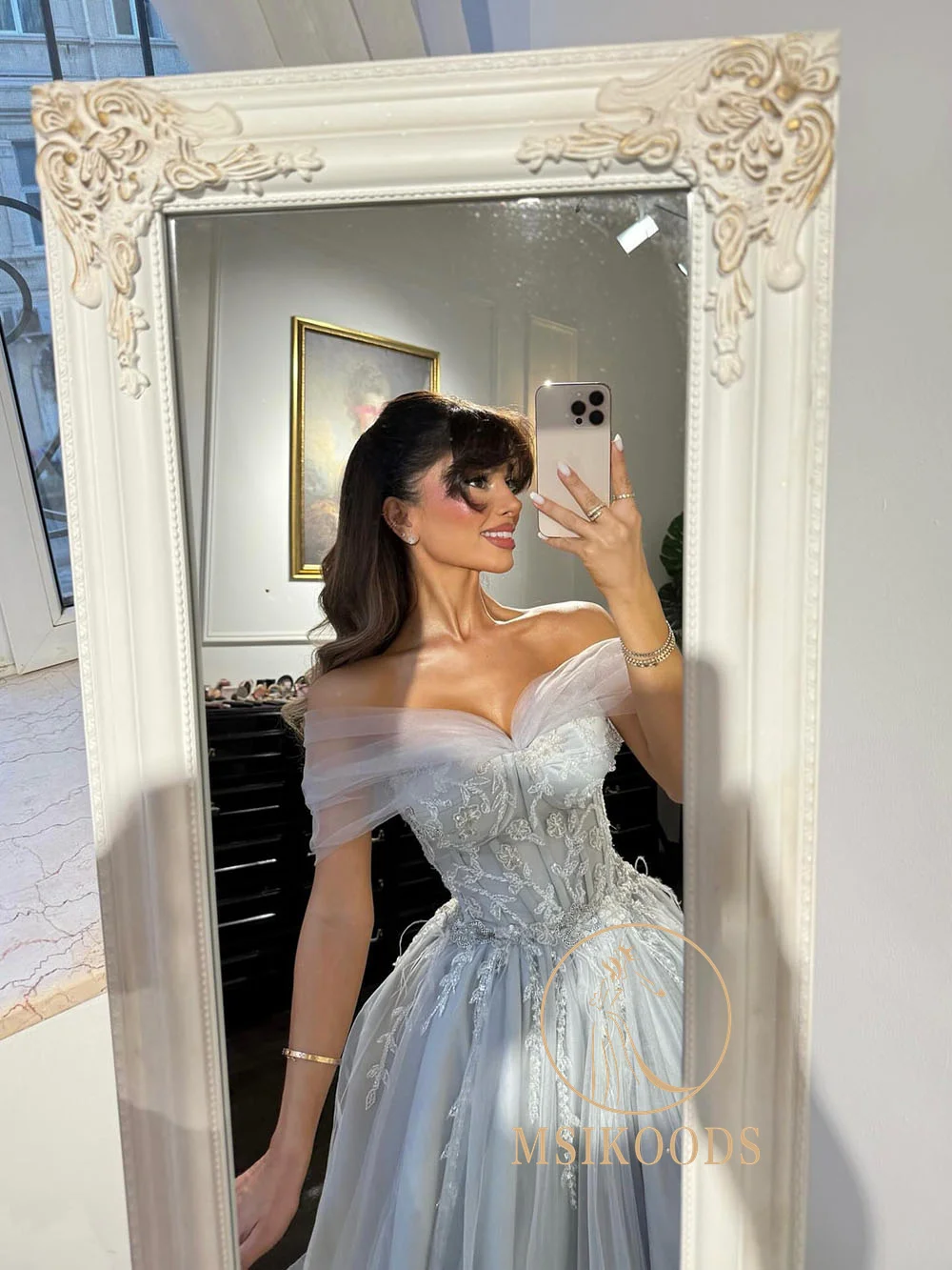 

Msikoods Off Shoulder Evening Gown Luxury Corset Prom Dress Beads Applique Princess Party Dress Formal Occasion Dress Customized