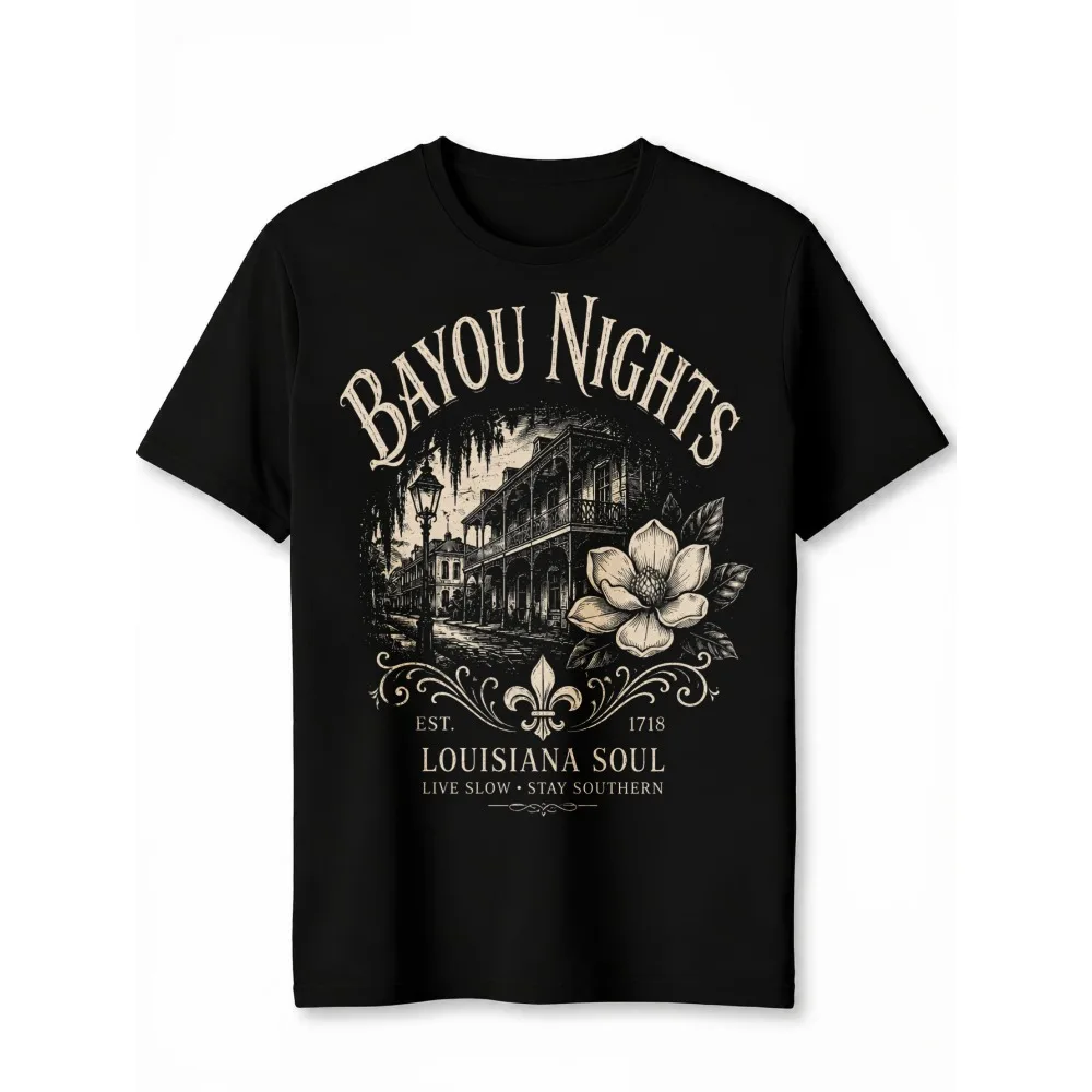 Women Vintage Southern Style Bayou Nights Louisiana Soul Graphic T Shirt 100% Pure Cotton Crew Neck Short Sleeve Tee Retro Country Casual Oversized Summer Streetwear Tops For Ladies Unisex