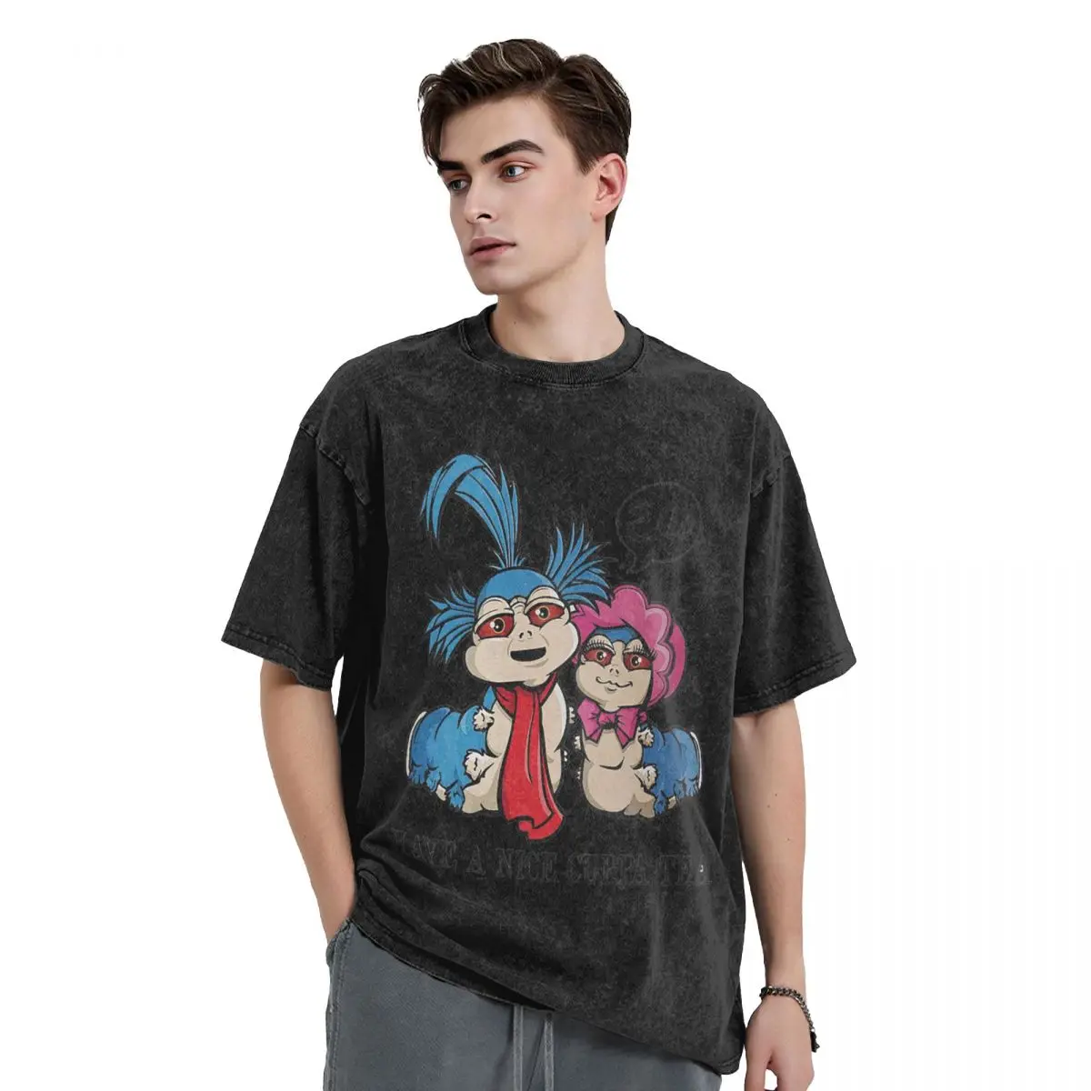Ello! The Worm - Labyrinth Washed T Shirts Vintage Short Sleeve Hip Hop T-Shirt Streetwear Tops Tees for Men Women