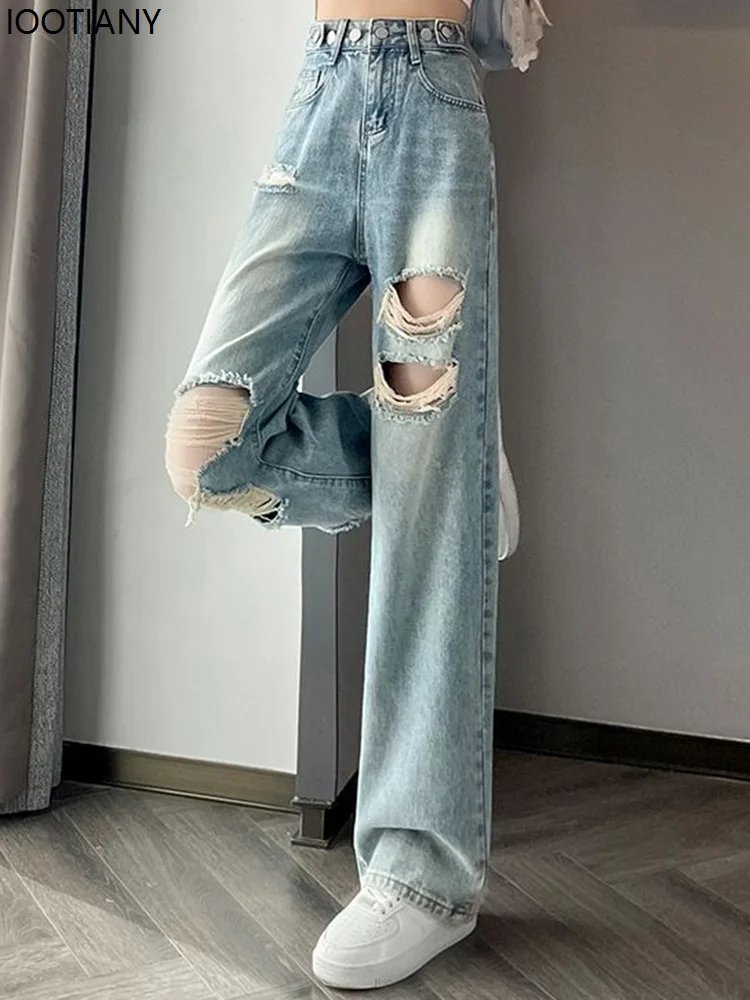 Women's American Retro Ripped Jeans Women's High Waist Washed Adjustable Denim Pants Women's Blue Loose Wide Leg Jeans