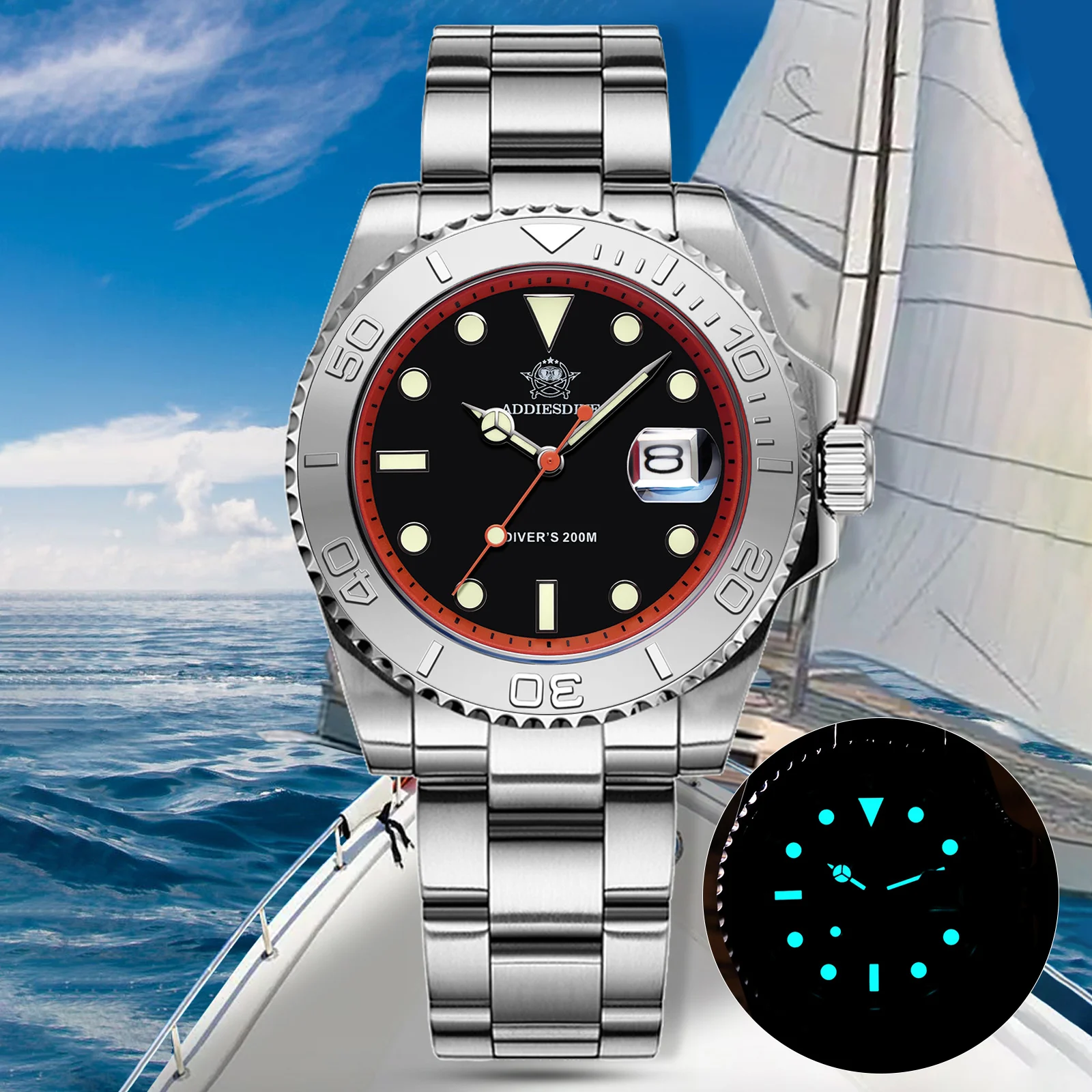 Relojes de cuarzo ADDIESDIVE, reloj de buceo plateado de acero inoxidable de lujo para hombre, reloj de pulsera de negocios para deportes al aire libre resistente al agua hasta 200M