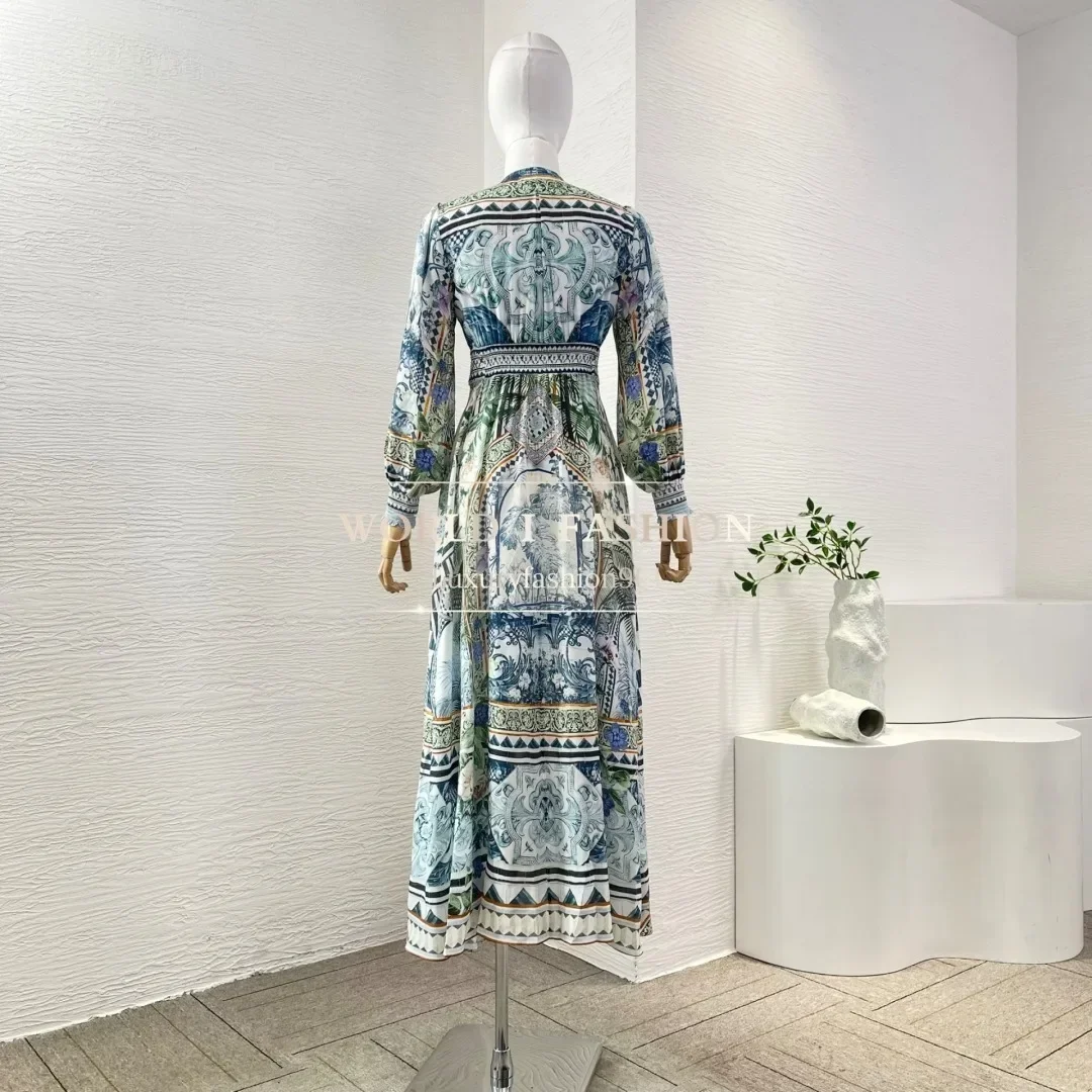 Vestido midi con cuello en V plisado y manga larga con estampado floral azul de alta calidad