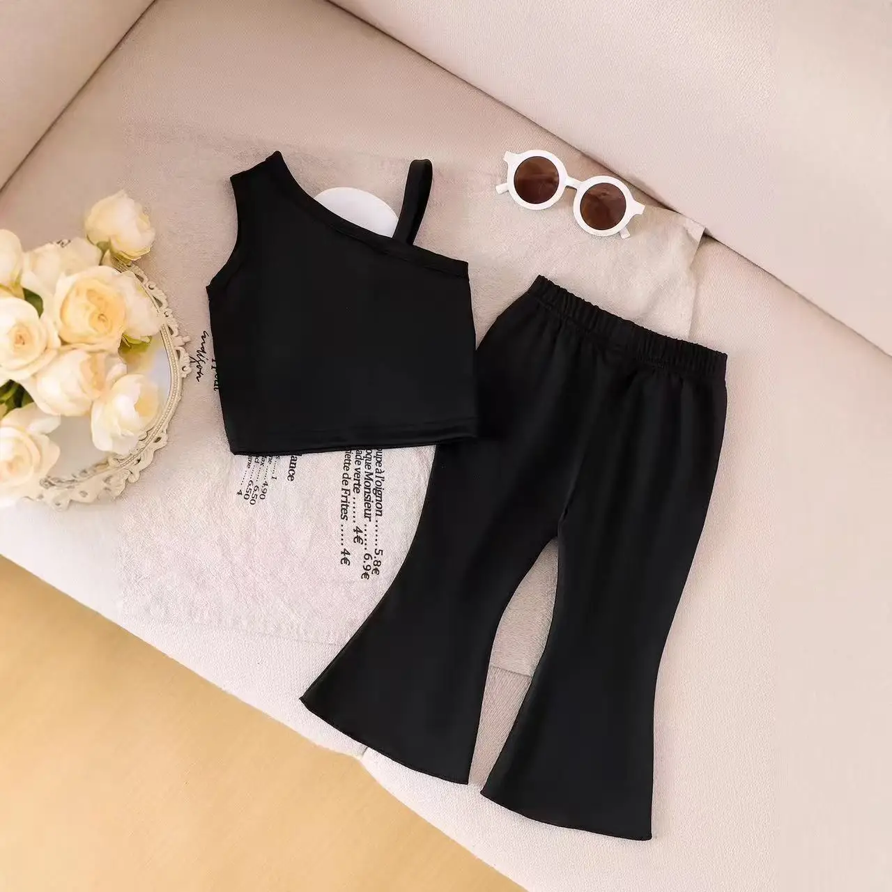 Arrival Girls Summer 2 Piece Set 3D Floral Asymmetrical Shoulder Black Camisole + Flared Pants Lace Bow Kids Trendy Outfits