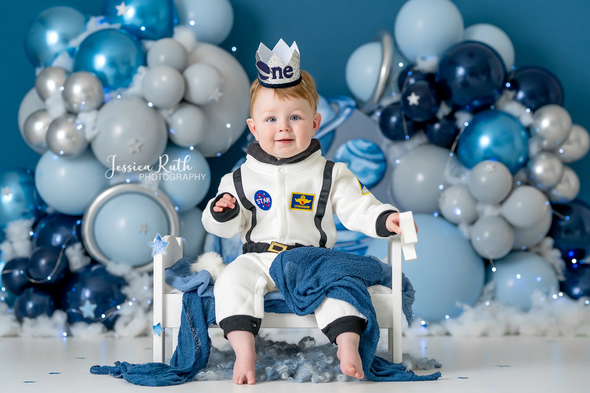 Blue Galaxy Balloons Backdrop Space Astronaut Adventure Boys Birthday Decors Kids Baby Cake Smash Photography Props