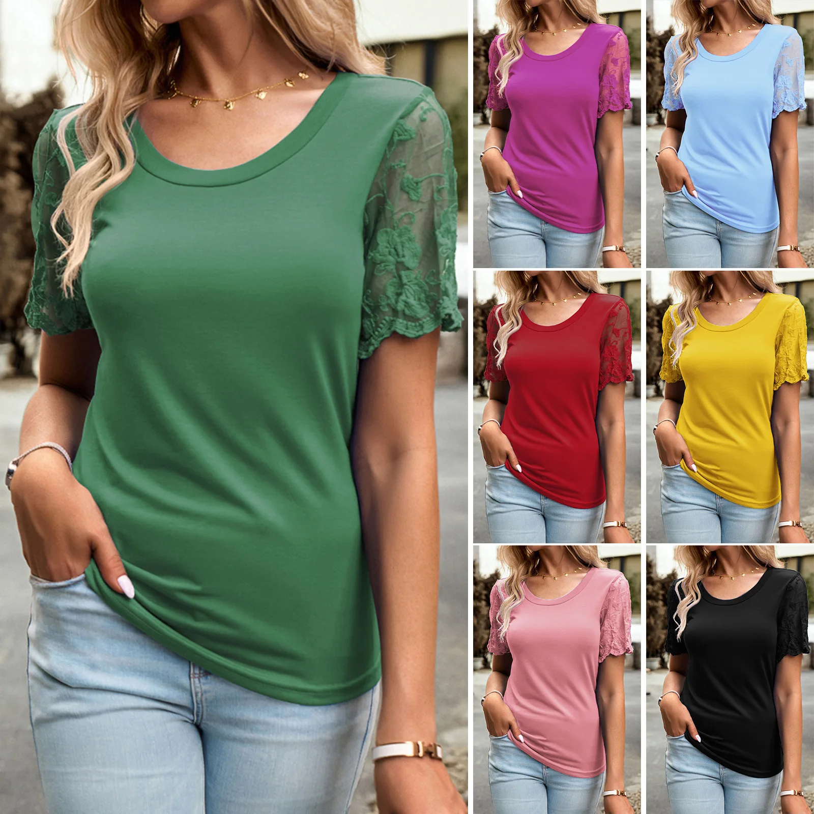 

Cross-border Amazon Women's Clothing Spring And Summer Foreign Trade Casual Temperament Round Neck Lace Short-sleeved T-shirt