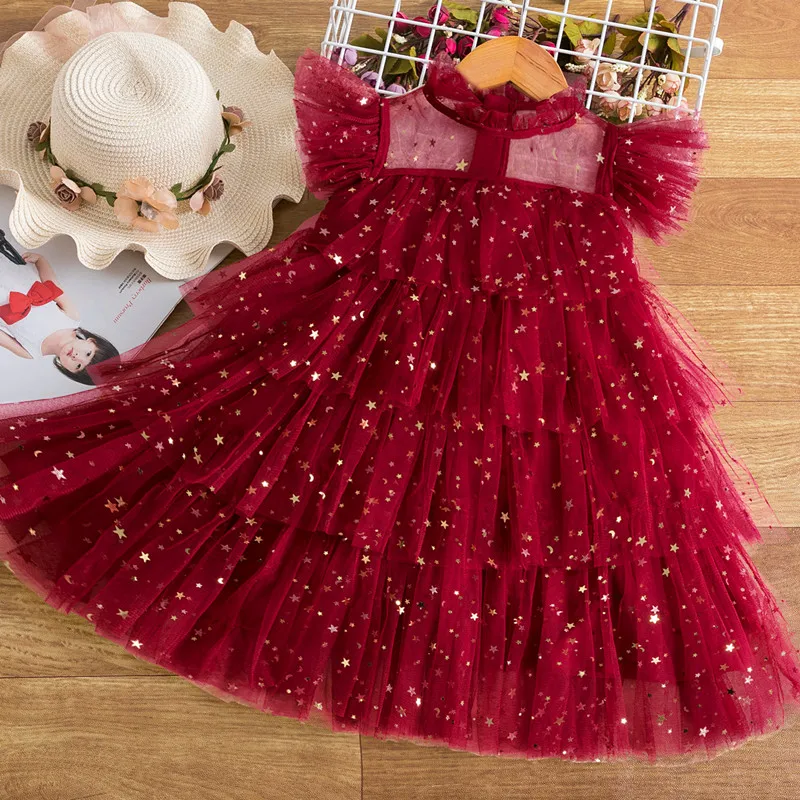 Summer Layers Cake Dress for Girls Sequin Ruffles Sleeve Tulle Tutu Dress Princess Birthday Party Vestidos Elegant Girls Dresses