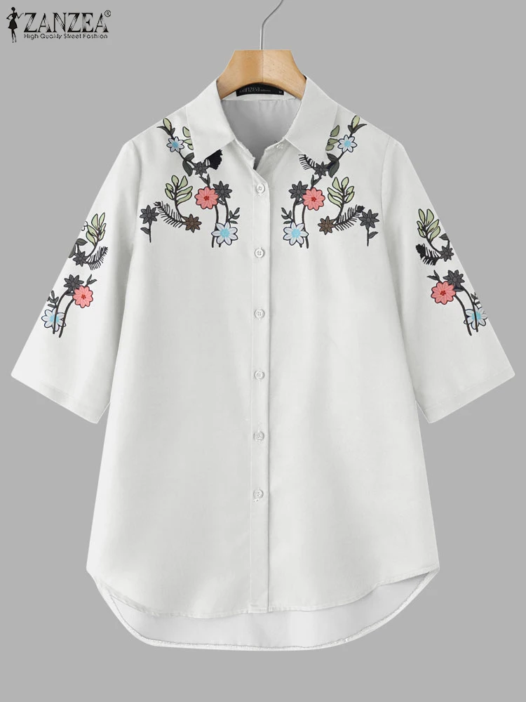 ZANZEA 꽃 프린트 롱 셔츠 탑 여성 빈티지 블라우스 여름 3/4 슬리브 Lepel Neck Tunics 2025 캐주얼 가디건