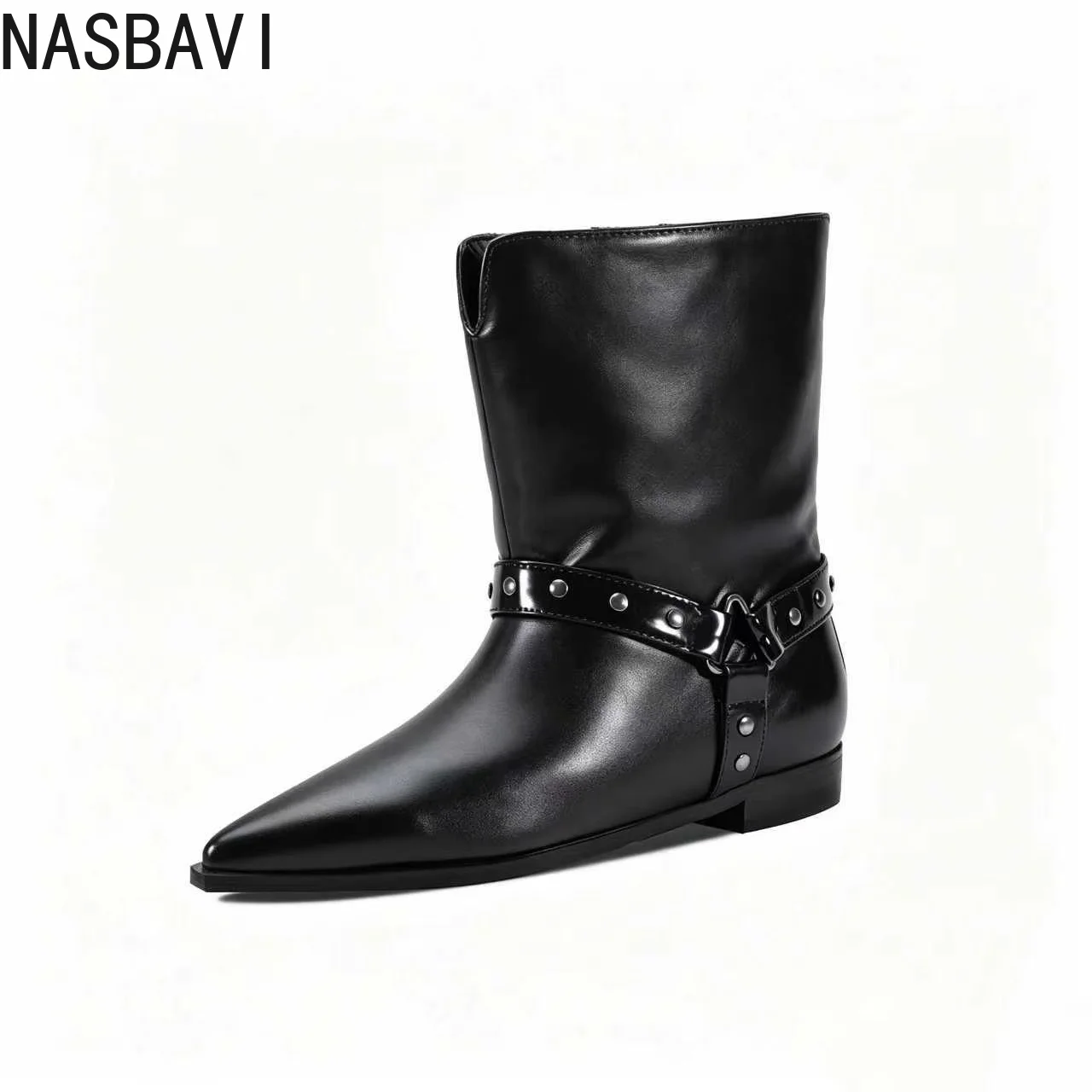 Winter Black Leather Ankle Boots Women Pointy Toe Suede Metal Buckle Mid Calf Boots Designer Casual Party Chelsea Boot for Women