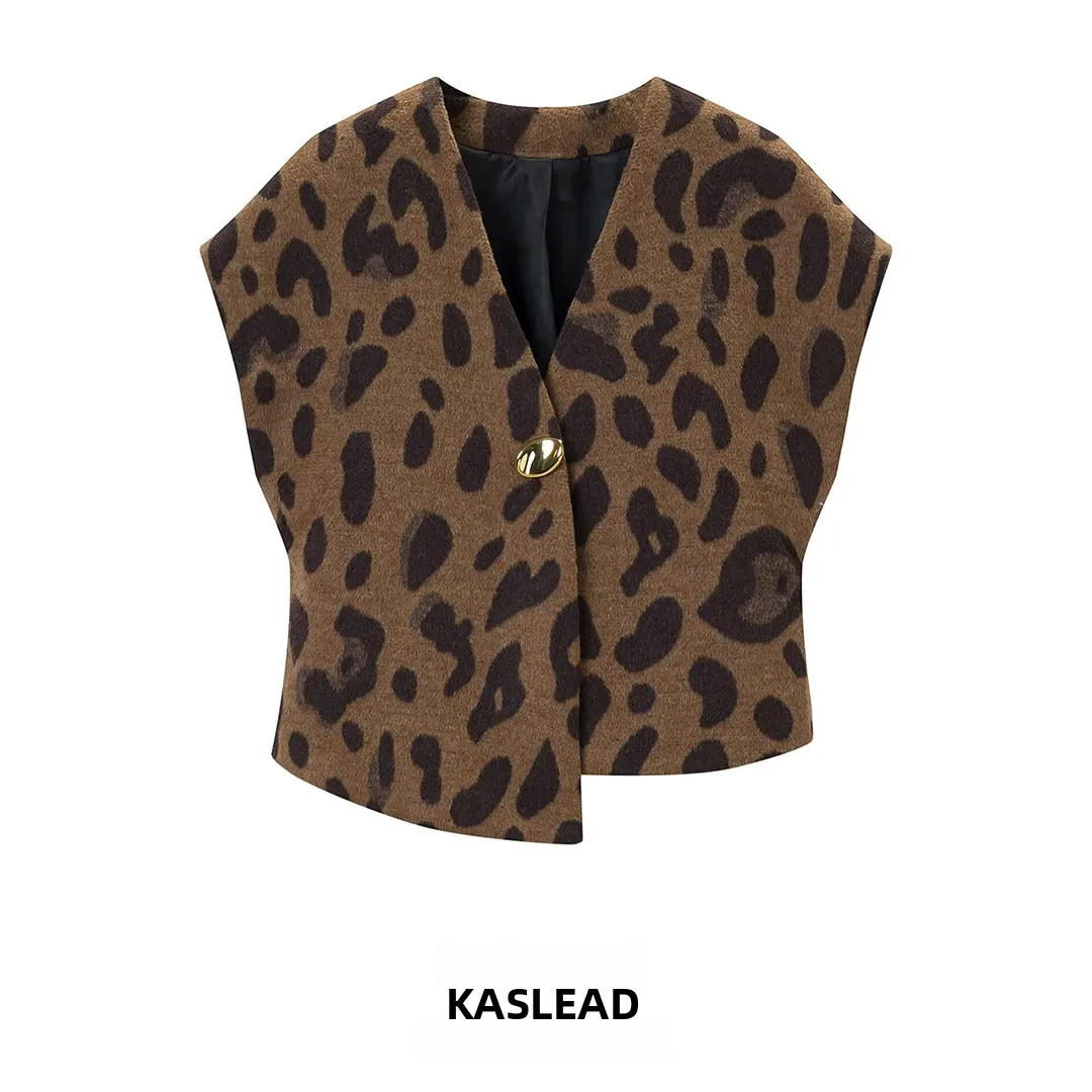 KASLEAD New Women's Fashion Design Sensation Vintage Leopard Print Vest Top Polyester Fiber V-neck Short Style Summer 2026